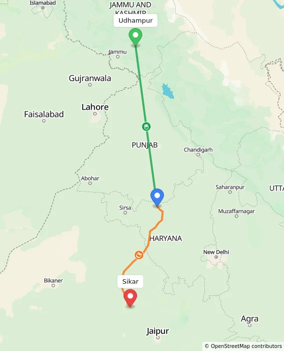 Route map showing distance and travel time from Udhampur, India to Sikar, India