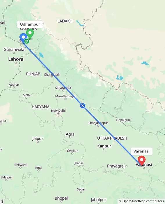 Route map showing distance and travel time from Udhampur, India to Varanasi, India