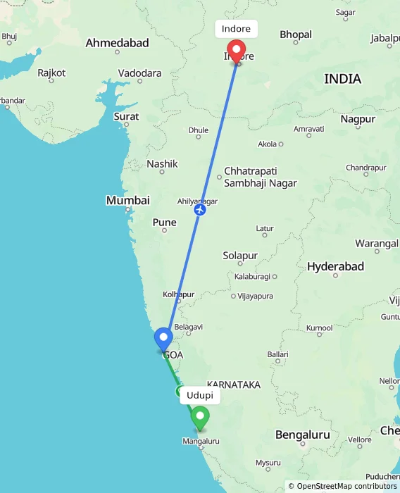 Route map showing distance and travel time from Udupi, India to Indore, India