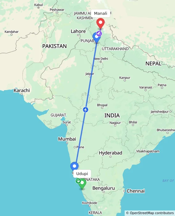 Route map showing distance and travel time from Udupi, India to Manali, India