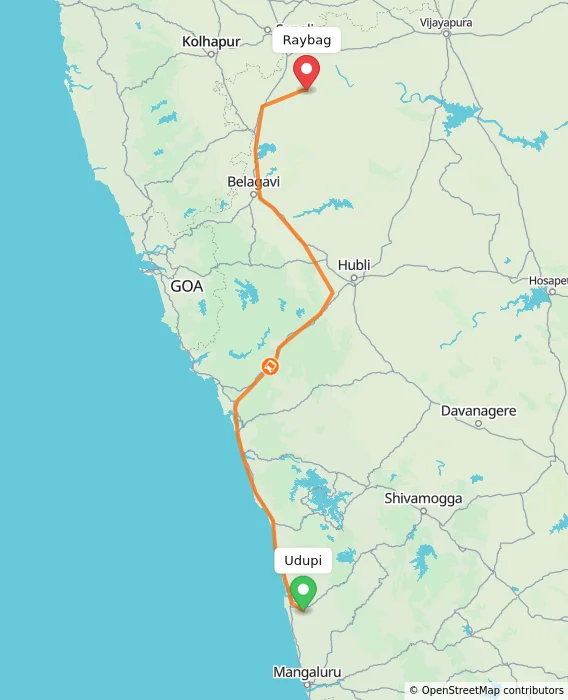 Route map showing distance and travel time from Udupi, India to Raybag, India