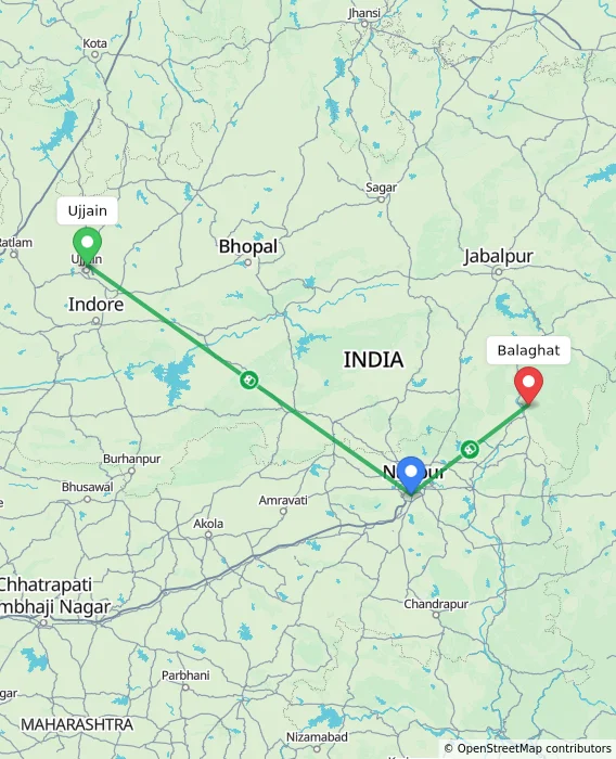 Route map showing distance and travel time from Ujjain, India to Balaghat, India