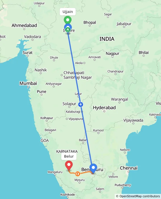 Route map showing distance and travel time from Ujjain, India to Belur, India