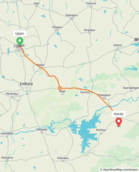 Route map showing distance and travel time from Ujjain, India to Harda, India