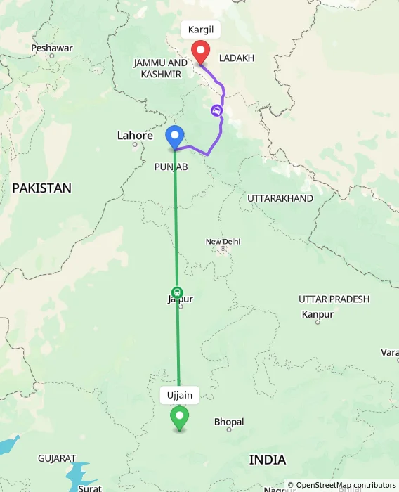Route map showing distance and travel time from Ujjain, India to Kargil, India