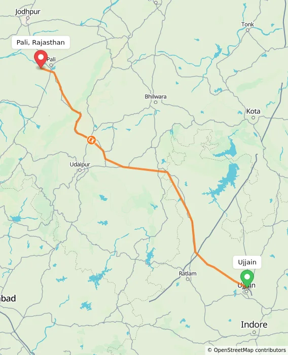 Route map showing distance and travel time from Ujjain, India to Pali, Rajasthan, India