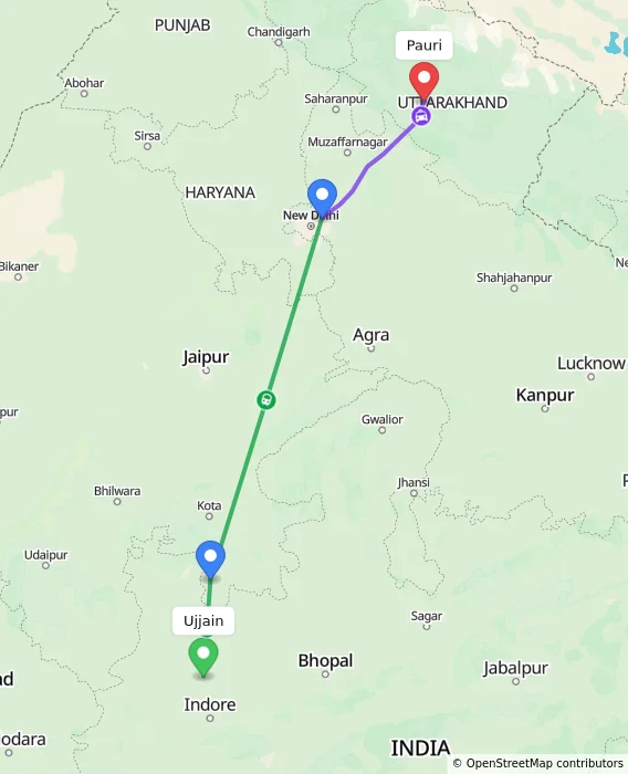 Route map showing distance and travel time from Ujjain, India to Pauri, India
