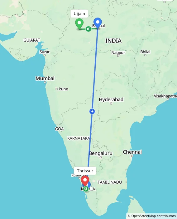 Route map showing distance and travel time from Ujjain, India to Thrissur, India