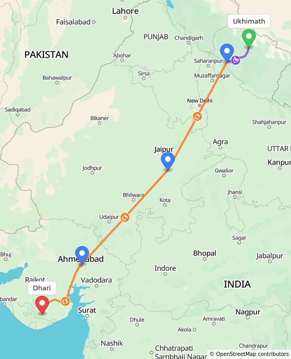 Route map showing distance and travel time from Ukhimath, India to Dhari, India