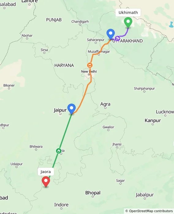 Route map showing distance and travel time from Ukhimath, India to Jaora, India