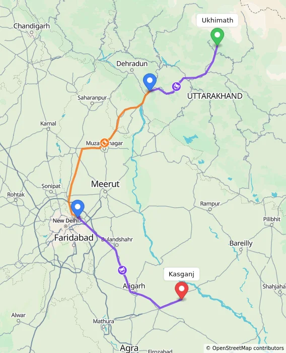 Route map showing distance and travel time from Ukhimath, India to Kasganj, India