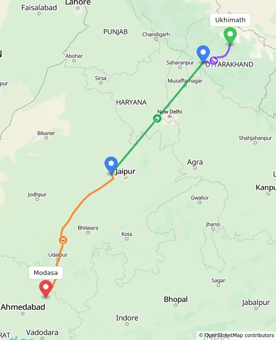 Route map showing distance and travel time from Ukhimath, India to Modasa, India