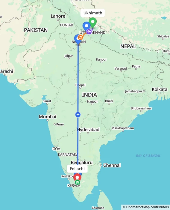 Route map showing distance and travel time from Ukhimath, India to Pollachi, India