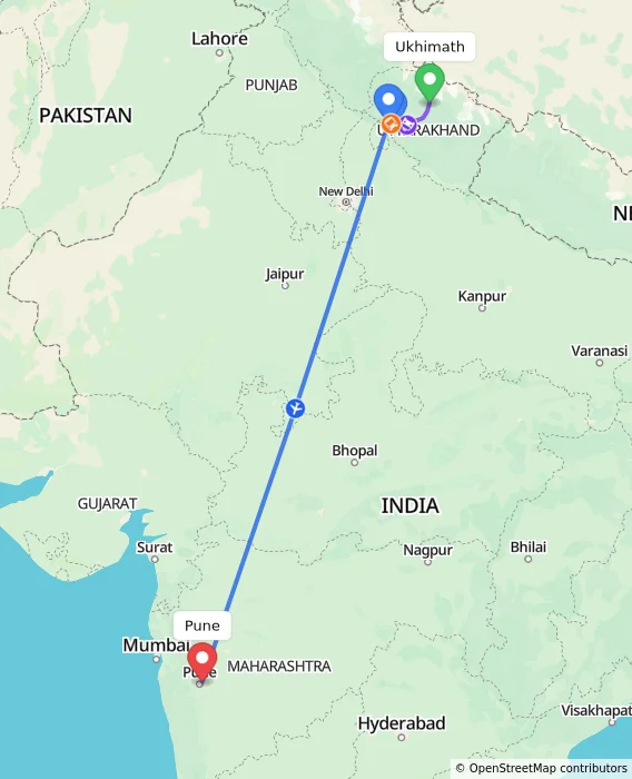 Route map showing distance and travel time from Ukhimath, India to Pune, India