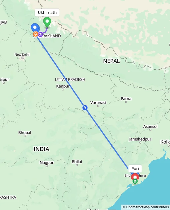 Route map showing distance and travel time from Ukhimath, India to Puri, India