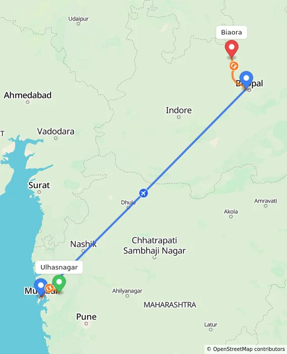 Route map showing distance and travel time from Ulhasnagar, India to Biaora, India
