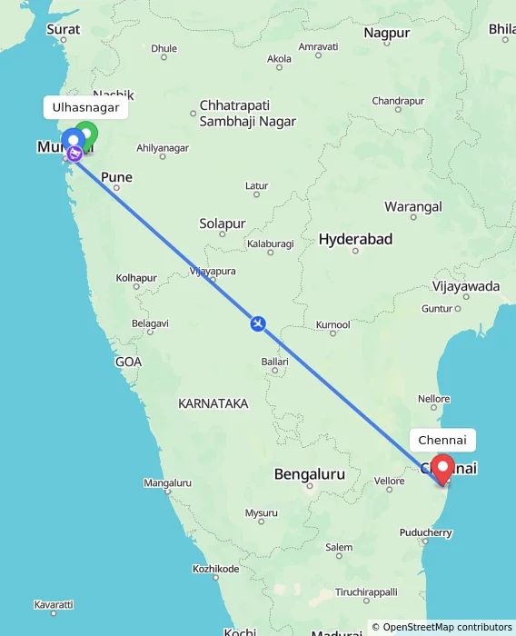 Route map showing distance and travel time from Ulhasnagar, India to Chennai, India