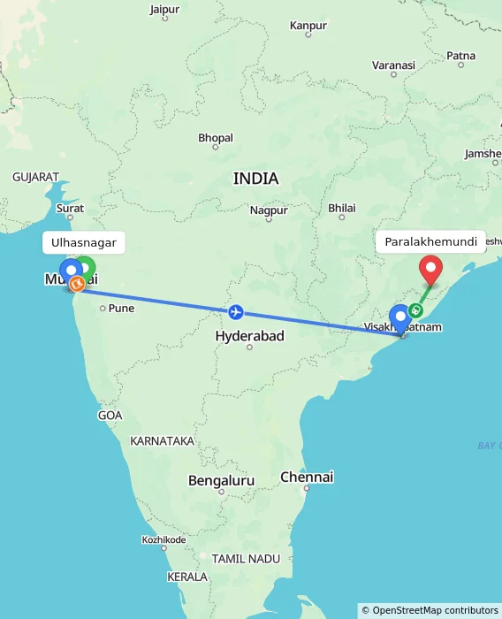 Route map showing distance and travel time from Ulhasnagar, India to Paralakhemundi, India