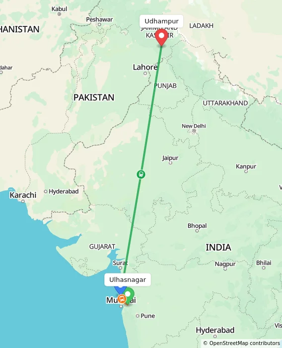 Route map showing distance and travel time from Ulhasnagar, India to Udhampur, India
