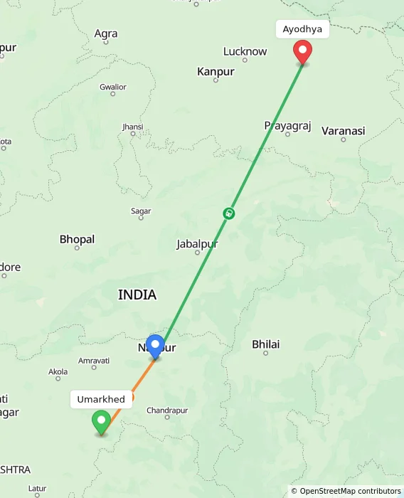 Route map showing distance and travel time from Umarkhed, India to Ayodhya, India