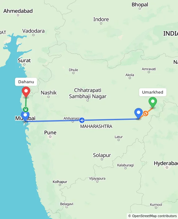 Route map showing distance and travel time from Umarkhed, India to Dahanu, India