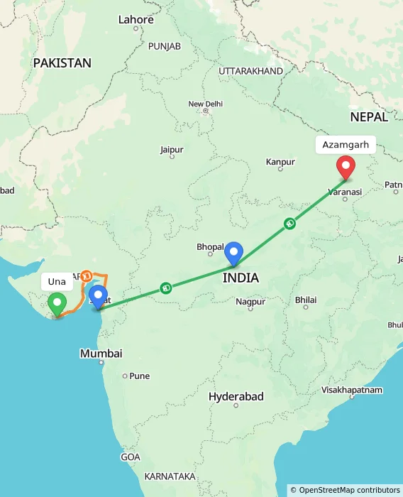 Route map showing distance and travel time from Una, India to Azamgarh, India