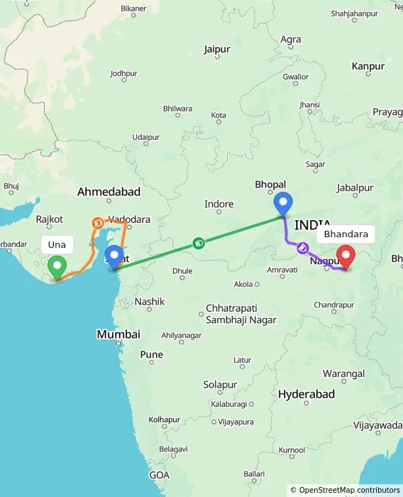 Route map showing distance and travel time from Una, India to Bhandara, India