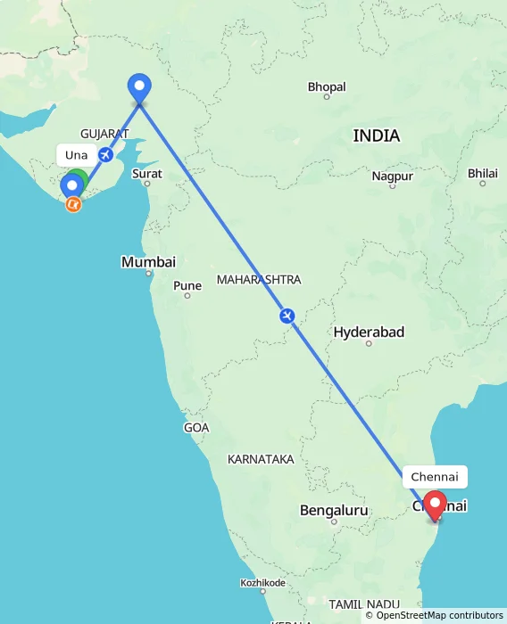Route map showing distance and travel time from Una, India to Chennai, India