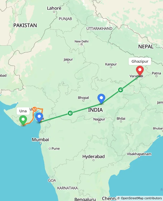 Route map showing distance and travel time from Una, India to Ghazipur, India