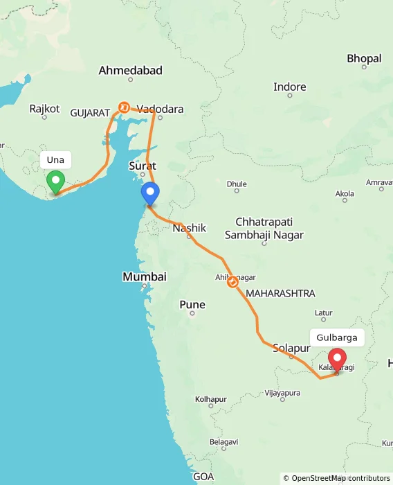 Route map showing distance and travel time from Una, India to Gulbarga, India