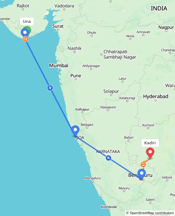 Route map showing distance and travel time from Una, India to Kadiri, India