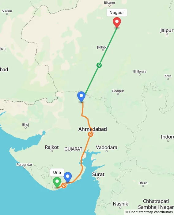 Route map showing distance and travel time from Una, India to Nagaur, India