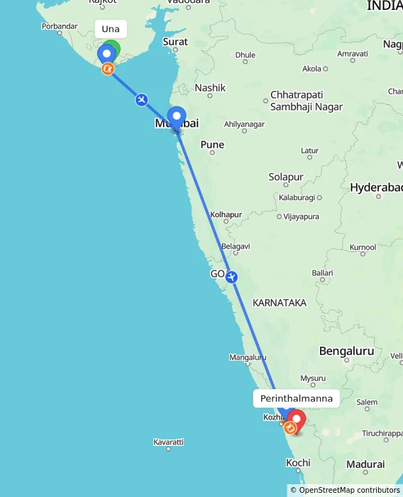 Route map showing distance and travel time from Una, India to Perinthalmanna, India