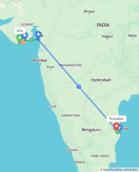Route map showing distance and travel time from Una, India to Tiruvallur, India