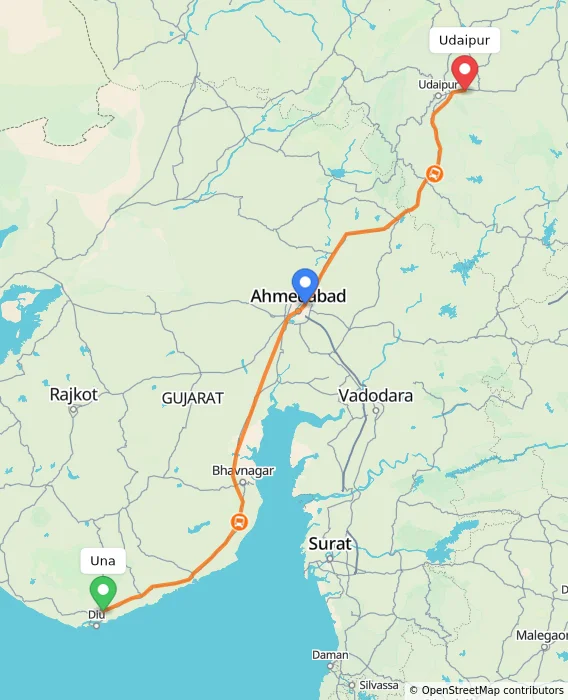 Route map showing distance and travel time from Una, India to Udaipur, India