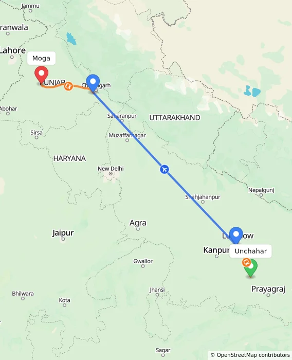 Route map showing distance and travel time from Unchahar, India to Moga, India