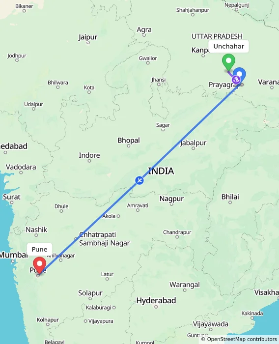 Route map showing distance and travel time from Unchahar, India to Pune, India
