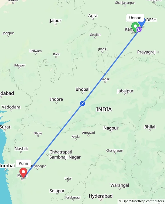 Route map showing distance and travel time from Unnao, India to Pune, India