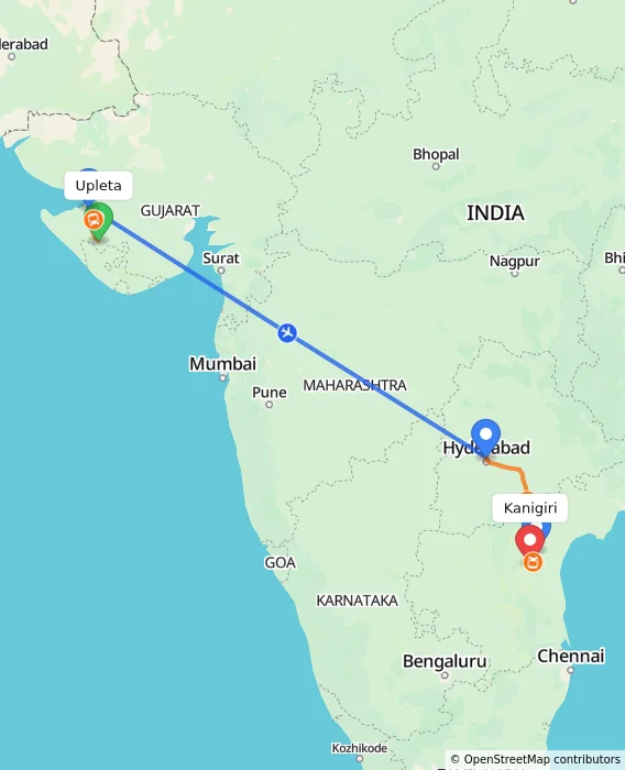 Route map showing distance and travel time from Upleta, India to Kanigiri, India