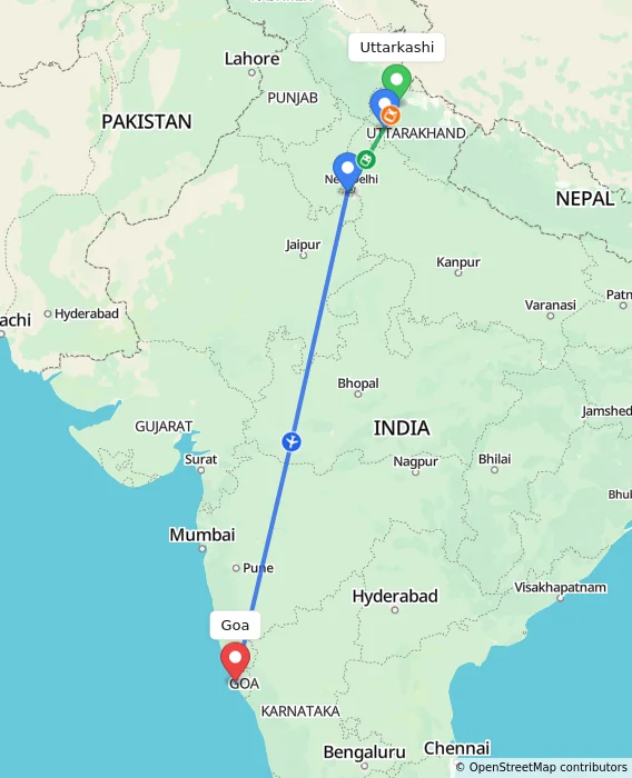 Route map showing distance and travel time from Uttarkashi, India to Goa, India