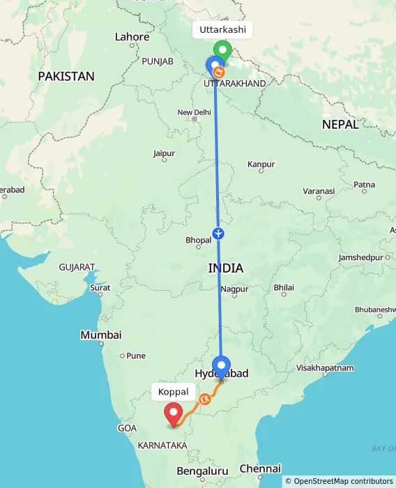 Route map showing distance and travel time from Uttarkashi, India to Koppal, India