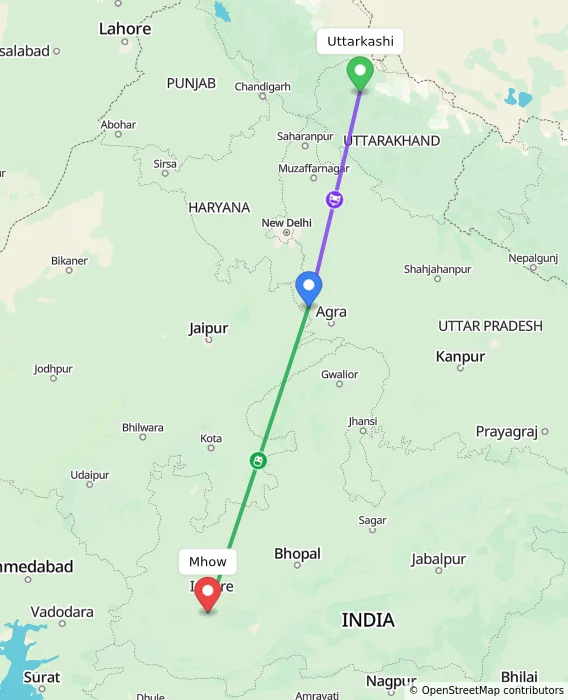 Route map showing distance and travel time from Uttarkashi, India to Mhow, India