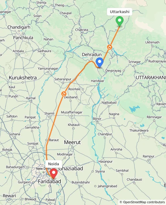 Route map showing distance and travel time from Uttarkashi, India to Noida, India