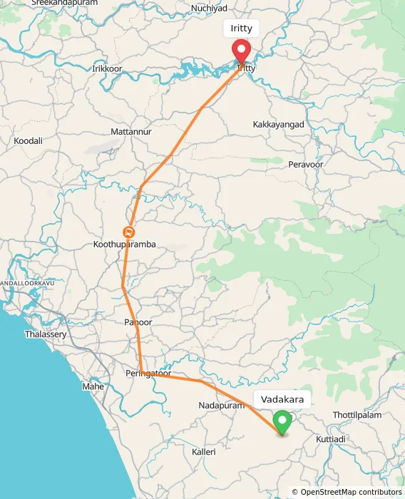 Route map showing distance and travel time from Vadakara, India to Iritty, India