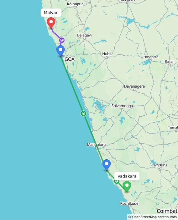 Route map showing distance and travel time from Vadakara, India to Malvan, India