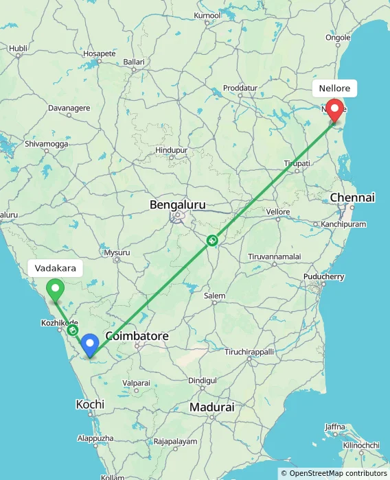Route map showing distance and travel time from Vadakara, India to Nellore, India