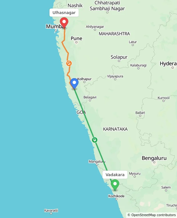 Route map showing distance and travel time from Vadakara, India to Ulhasnagar, India