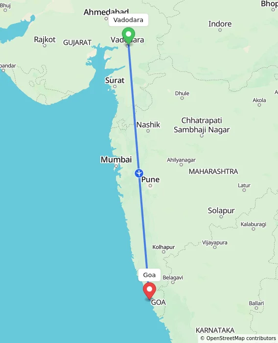 Route map showing distance and travel time from Vadodara, India to Goa, India