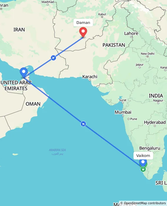 Route map showing distance and travel time from Vaikom, India to Daman, Afghanistan
