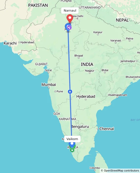Route map showing distance and travel time from Vaikom, India to Narnaul, India